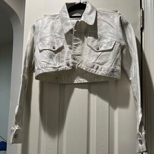 Stylish Cropped Silver Metallic Denim Jacket